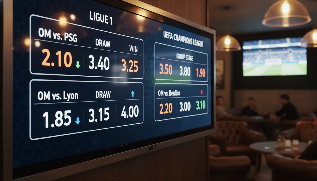 découvrez les cotes actualisées des matchs de l'om en ligue 1 et en ligue des champions pour parier en toute confiance et suivre les performances de l'olympique de marseille.